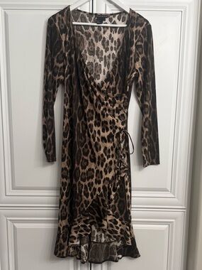 SPANNER Large V-Neck Leopard Print Long Sleeve Faux Wrap Dress - Brown + Black